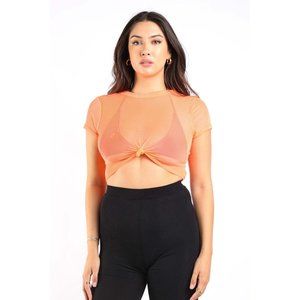 Women's Sexy See Through Mesh Swimsuit Cover up Shirt Neon-Coral Size S, M, L